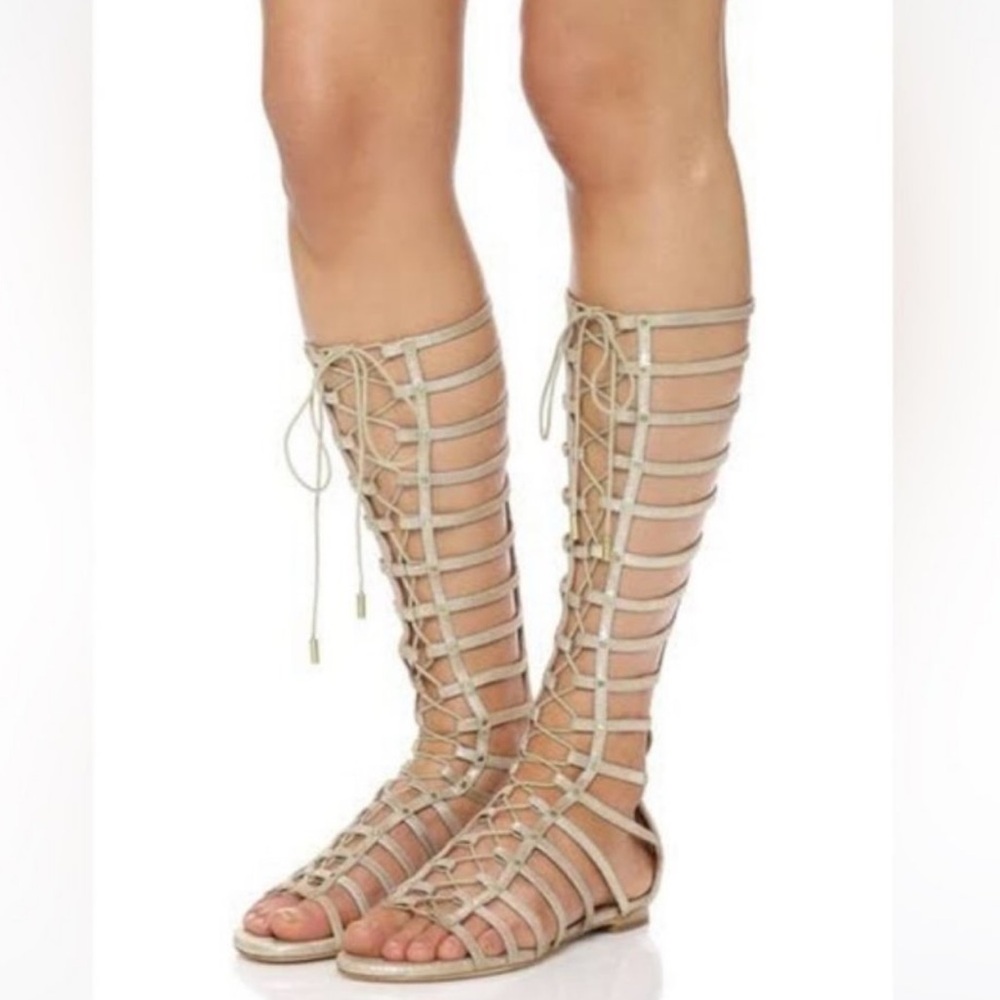 Joie Falicia Gladiator Sandals Tall Zip Leather Adjustable Suede Metallic Gold